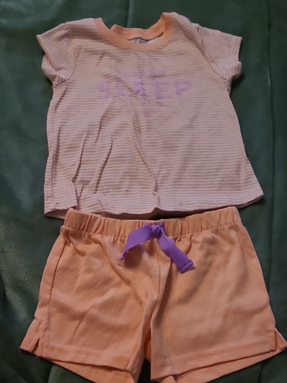 Girls' Peach Short Sleeve Pajama Set with Purple Bow